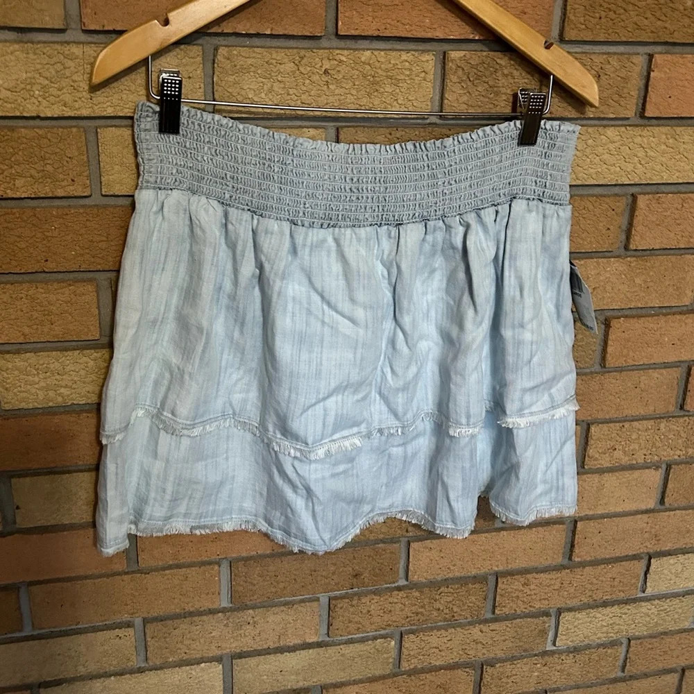 NWT Bella Dahl Smocked Tiered Frayed Blue Mini Skirt Size Large
